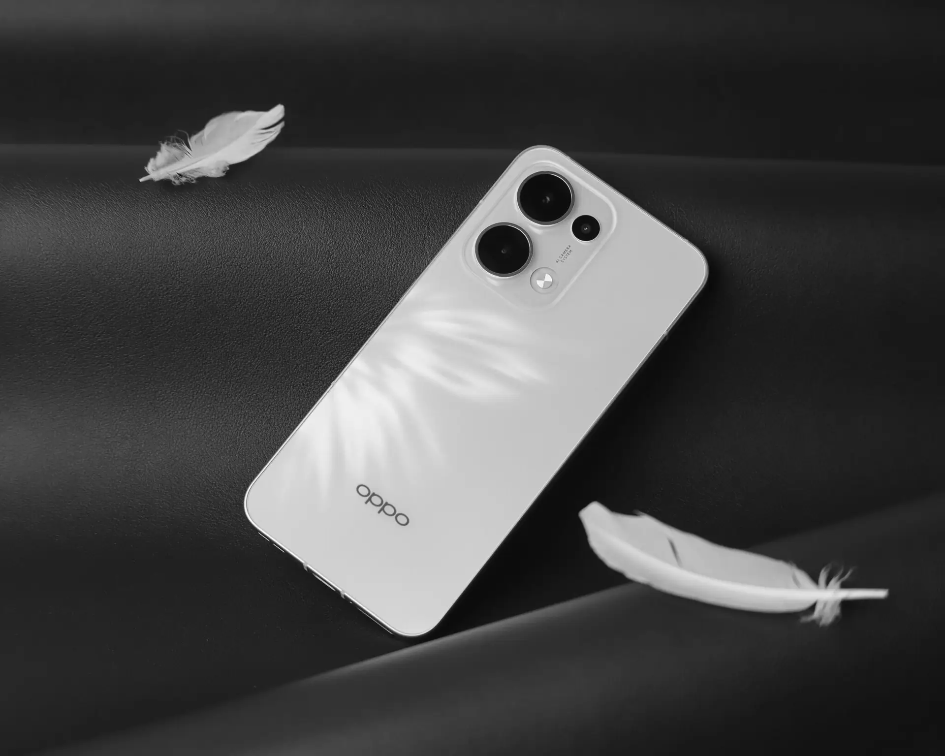 Minimalist white smartphone with feathers on a black surface, creating a modern and sleek aesthetic.